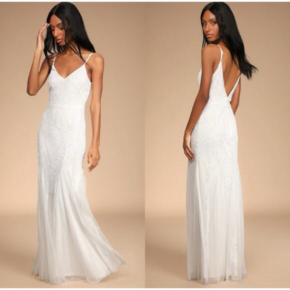 Lulus Just the Beginning White Beaded Sequin Mermaid Maxi Dress Medium V Neck - Picture 2 of 11